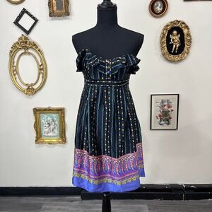 Vintage Betsey Johnson Black Boho Strapless Dress with Ruffle Bust & Paisley Hem
